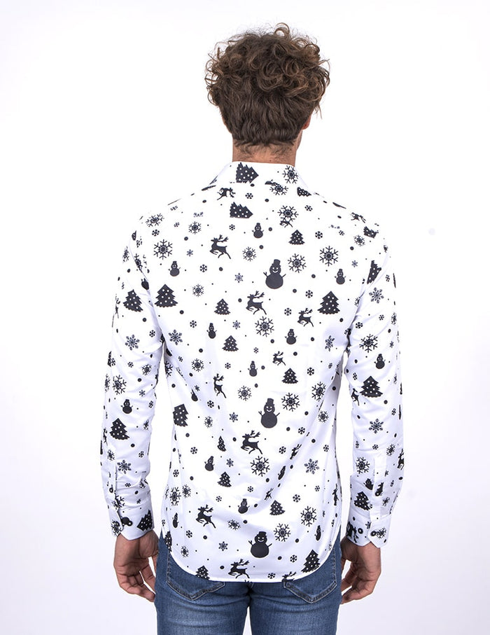 White Snowflake Christmas Snowman Print Men's Shirt-Makrom