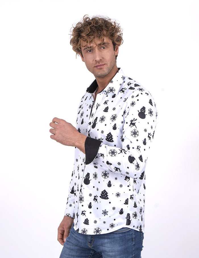 White Snowflake Christmas Snowman Print Men's Shirt-Makrom