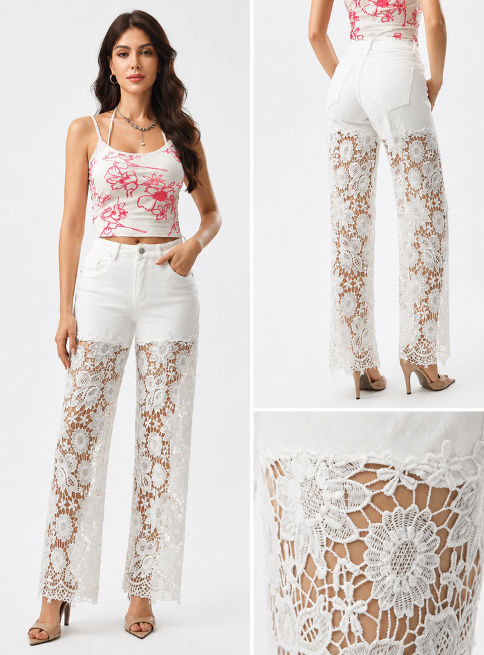 White Stretch Lace Panel Jeans - Born To Glam