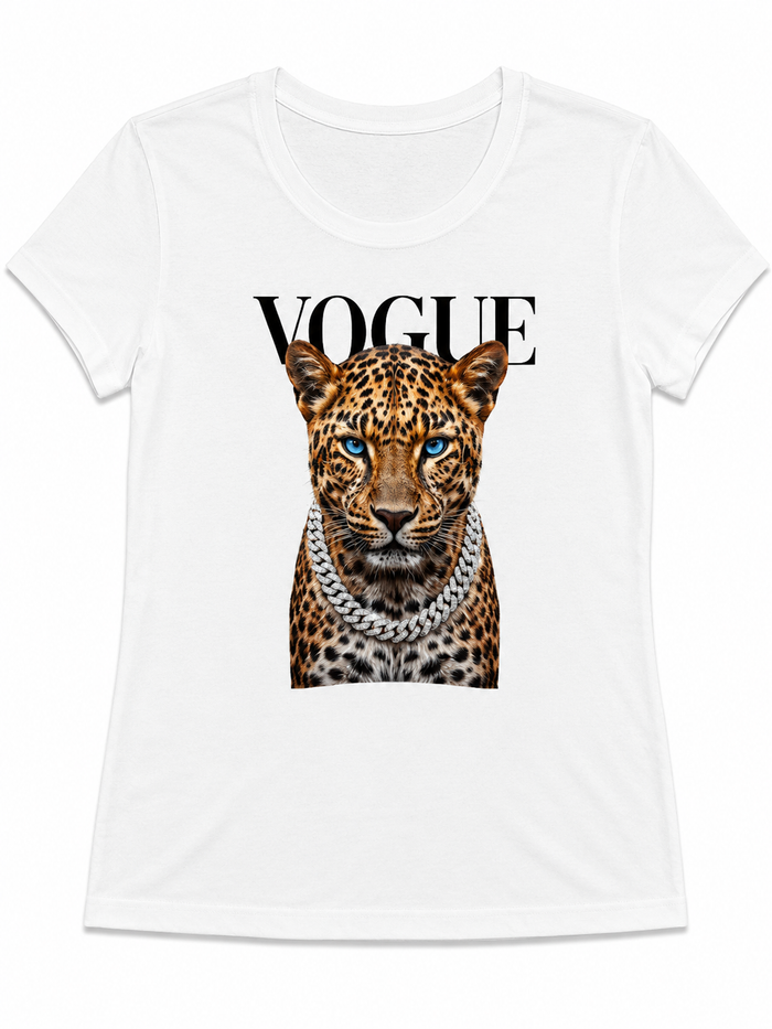 White short sleeve graphic tee featuring a photorealistic leopard face with bright blue eyes and bold VOGUE text.