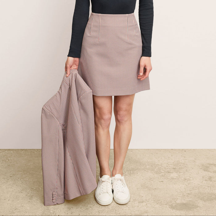 Front image of a woman wearing the Whitney Skirt in Stretch Twill in Mini Check | Lead