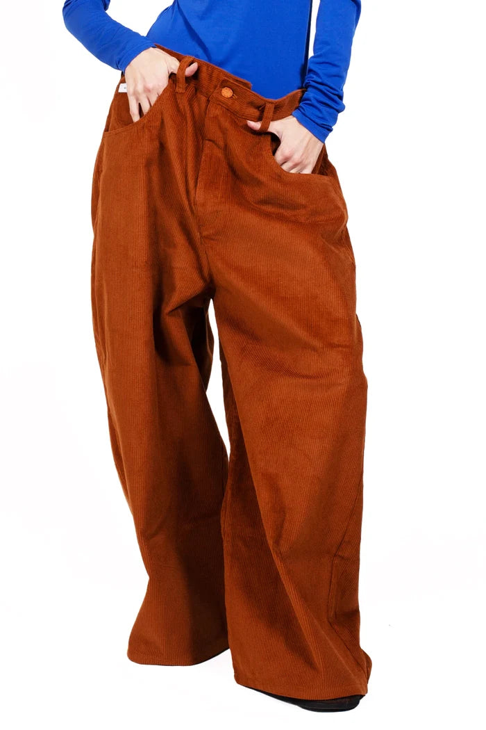 MANCANDY Corduroy Wide Pants in heavyweight mocha corduroy featuring an exaggerated wide-leg silhouette and five-pocket construction.