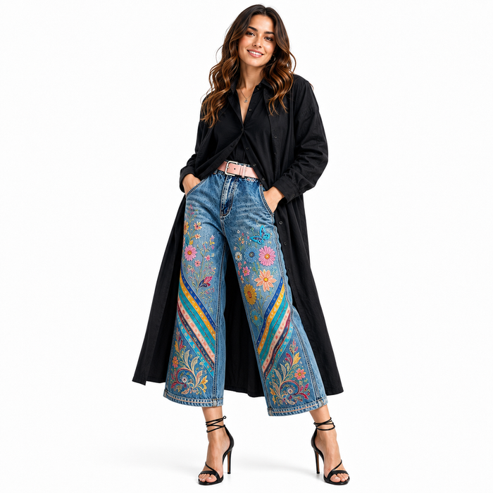 Women's embroidered denim capri pants front view on model with colorful floral motifs and wide cropped legs