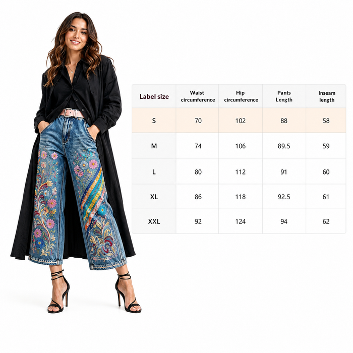 Women's embroidered denim capri pants size chart with model and measurements for S through XXL