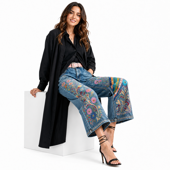 Women's embroidered denim capri pants on seated model highlighting wide leg cut and decorative floral details