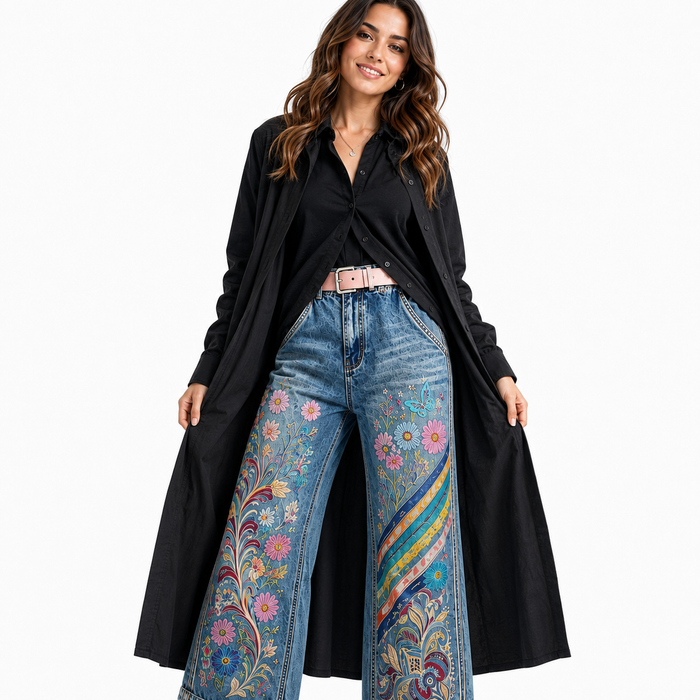 Women's embroidered denim capri pants close view on model showing waist, denim texture and colorful leg artwork