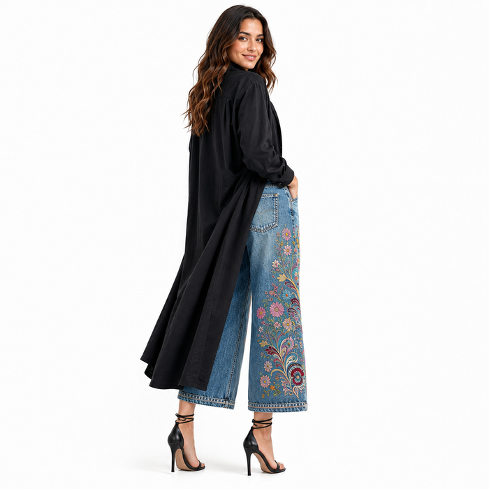 Women's embroidered denim capri pants back three-quarter view on model with cropped wide leg silhouette
