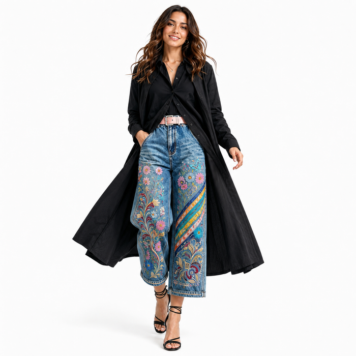 Women's embroidered denim capri pants on walking model with colorful floral details and cropped wide legs