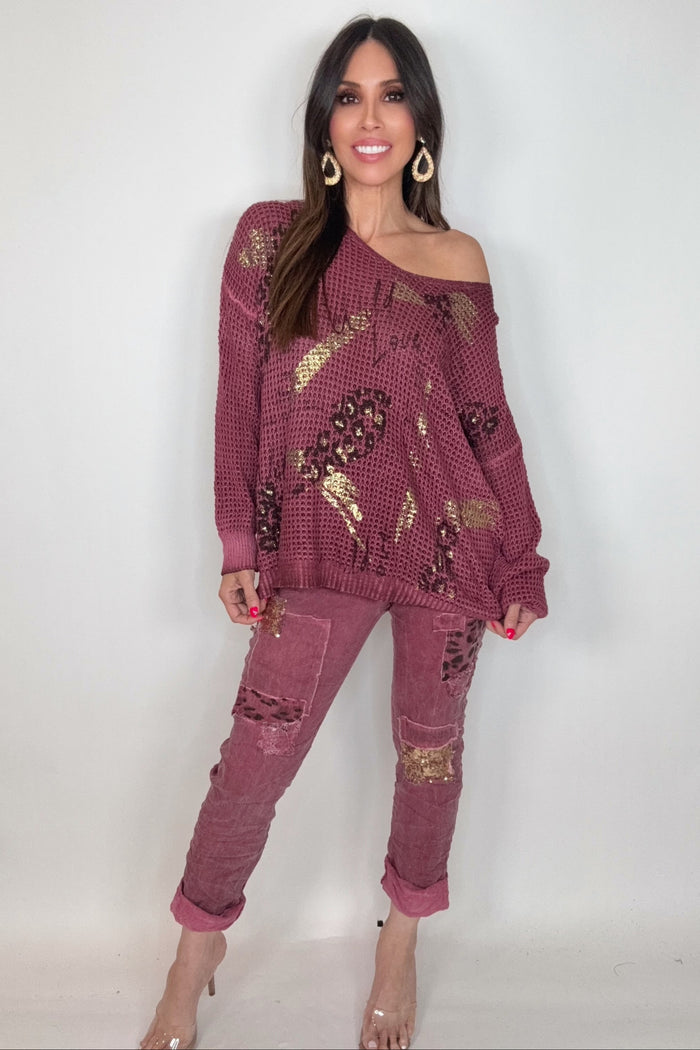 Style the Wine Red Metallic Gold Waffle Knit exclusively at Born To Glam
