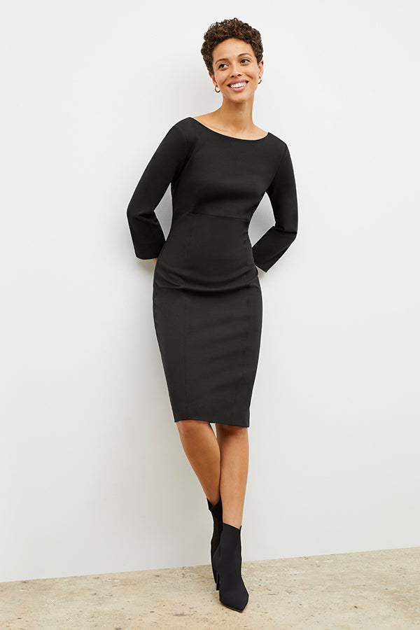 Front image of a woman wearing the winston dress in black | Exclude | Grid