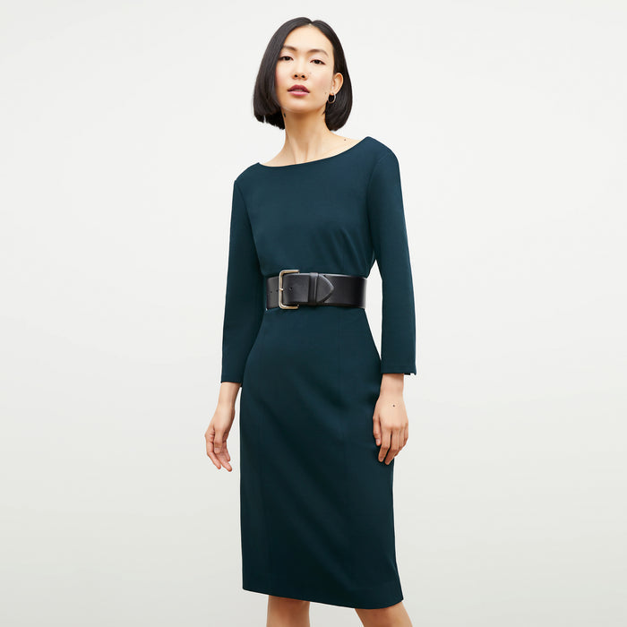 Front image of a woman wearing the Winston Dress in Deep Sea | Lead