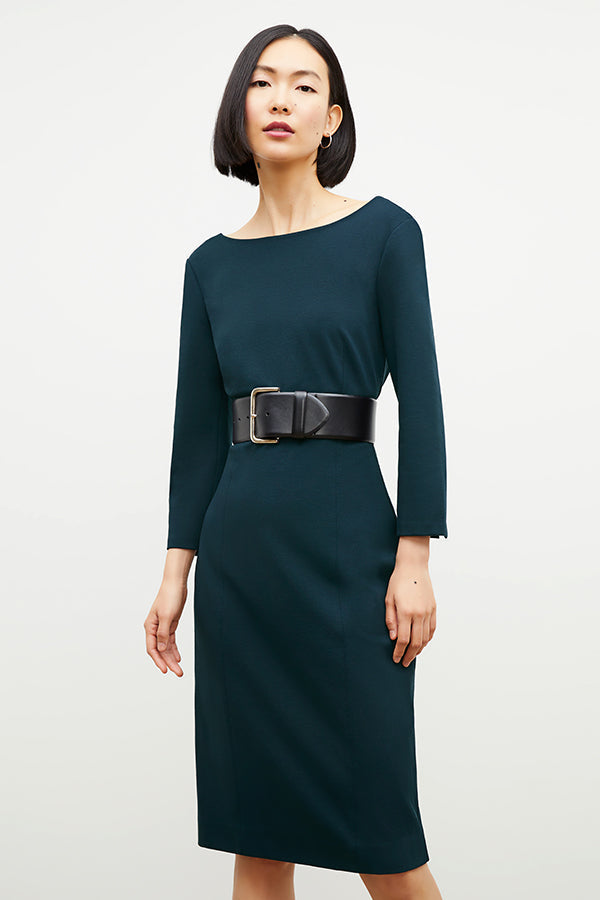 Front image of a woman wearing the Winston Dress in Deep Sea | Grid | Exclude