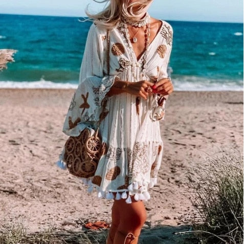 Women starfish flower print long sleeve v-neck beach Bohemian dress tassel - foxberryparkproducts