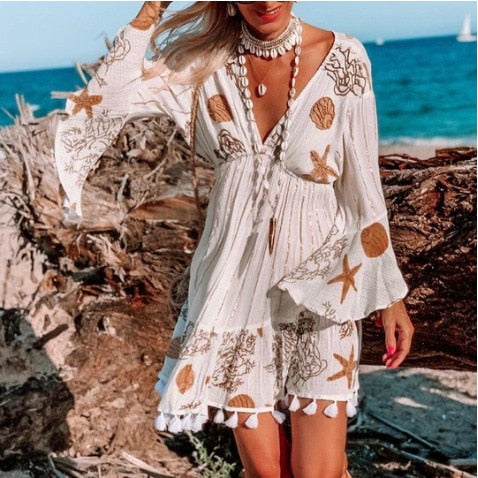 Women starfish flower print long sleeve v-neck beach Bohemian dress tassel - foxberryparkproducts