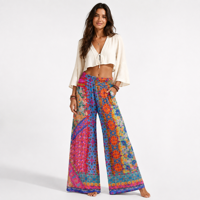 Women's bohemian pants in polyester fiber with a loose wide-leg shape for retro vacation looks with verified product details.
