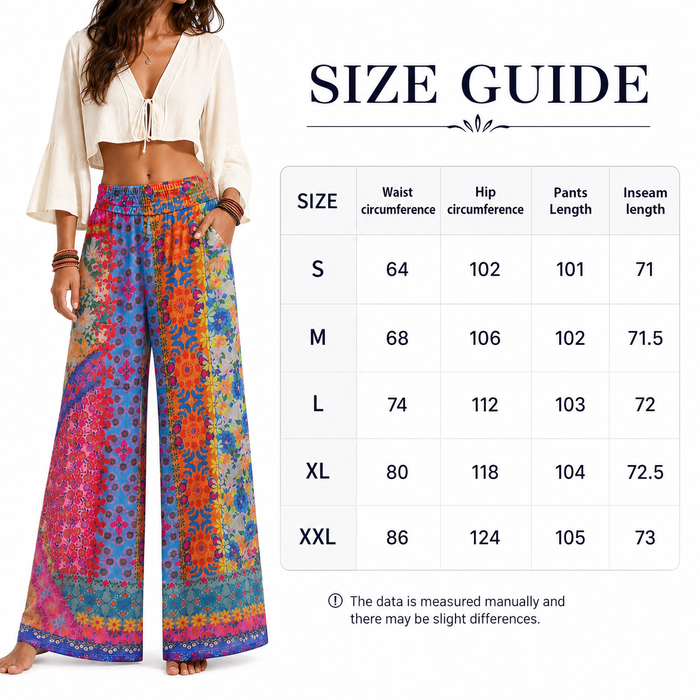 Women's retro palazzo pants shown with a belt detail and artistic retro styling for simple outfit planning and vacation wear.