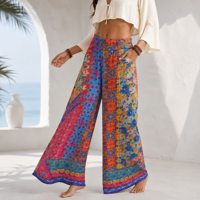 Women's bohemian pants in polyester fiber shown in a loose wide-leg silhouette for vacation outfits with sizes S through 5XL.