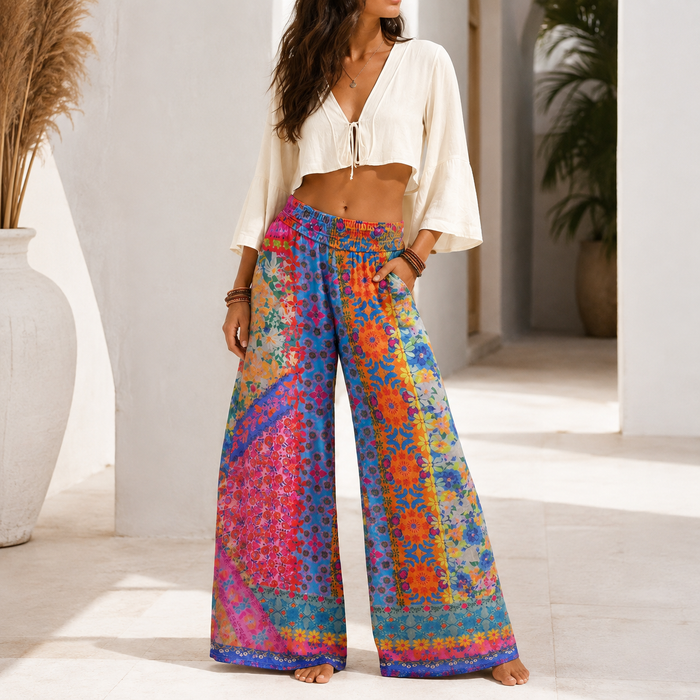 Women's artistic retro pants shown with polyester fiber and a loose silhouette for easy outfit coordination and travel looks.