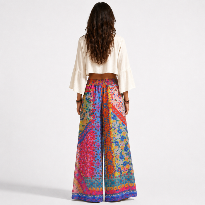 Women's wide-leg vacation pants with polyester fiber and artistic retro styling for simple outfit planning and vacation wear.