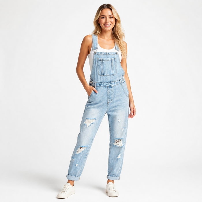Women's light blue cropped denim overalls on a professional model, front pose with distressed details on a bright white background.