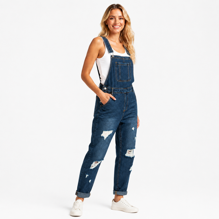 Women's dark blue cropped denim overalls on a professional model, side view showing strap fasteners, pockets and rolled hems.