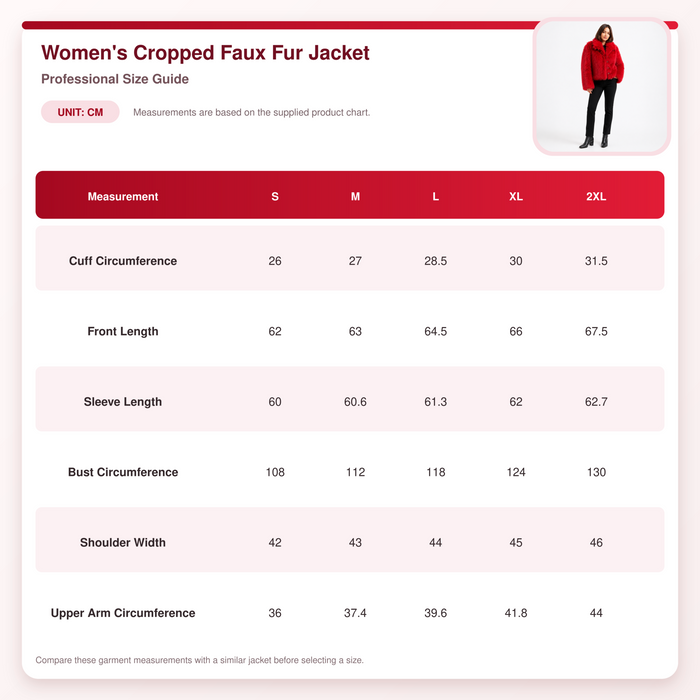 Women's red cropped faux fur jacket sizing guide in centimeters with cuff, length, bust, shoulder and upper arm measurements.