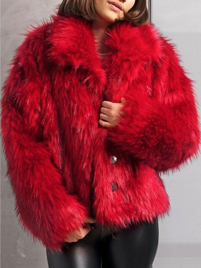 women's red faux fur jacket catalog image 1 showing cropped shape and wide collar for color, size and style reference online.