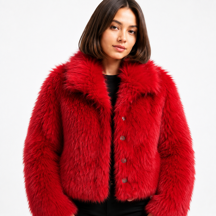 Women's red cropped faux fur jacket close-up on the model, showing the oversized wide collar, and long-pile faux fur texture.