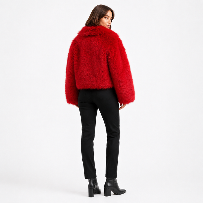 Women's red cropped faux fur jacket on a professional model, rear view with cropped shape, long sleeves and dense fur texture