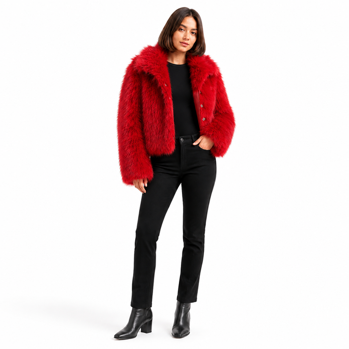 Women's red cropped faux fur jacket on a professional model, open front view showing wide collar and red snap-button placket.