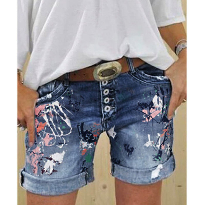 Women's denim shorts with high waist, printed detail, button closure and slight stretch in a casual design for daily styling.