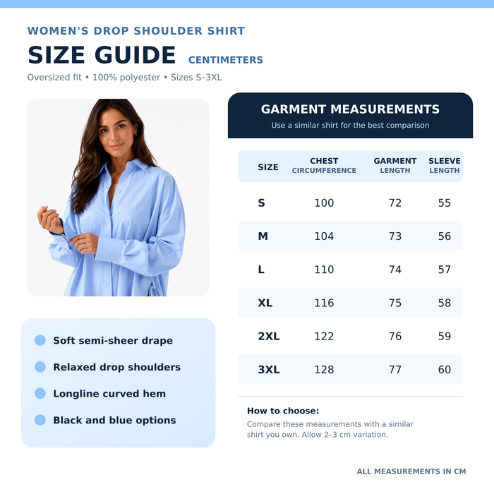 Professional size guide in centimeters for the women's drop shoulder shirt, with measurements from S to 3XL.