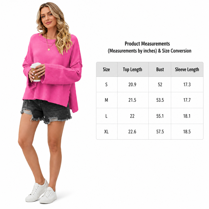 Women's pink dropped shoulder sweater beside a professional size chart showing top length, bust and sleeve measurements S to XL
