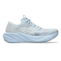A light blue and white ASICS Gel-boost running shoe shown from the side profile on a white background.