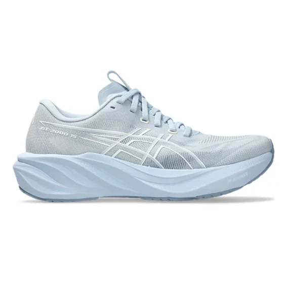 A light blue and white ASICS Gel-boost running shoe shown from the side profile on a white background.