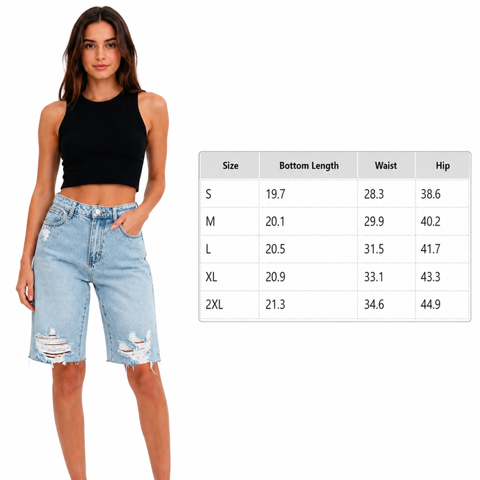Women's distressed denim Bermuda shorts size guide for S, M, L, XL and 2XL