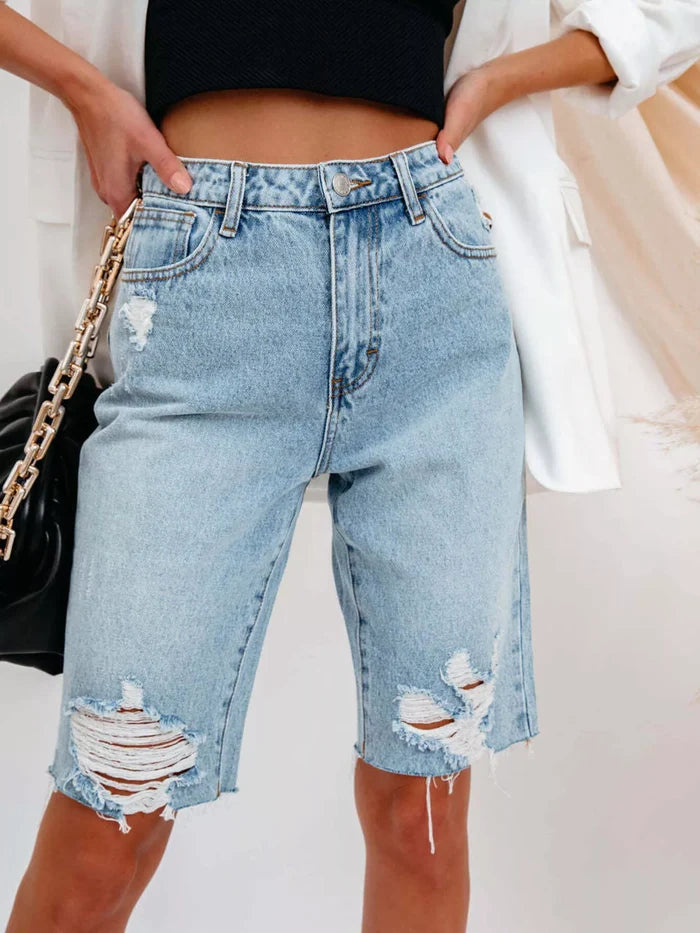women's distressed denim shorts catalog image 1 showing high waist and distressed details with current option context online.
