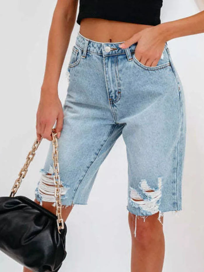 women's distressed denim shorts catalog image 2 showing raw hem and pocket features with verified product information online.