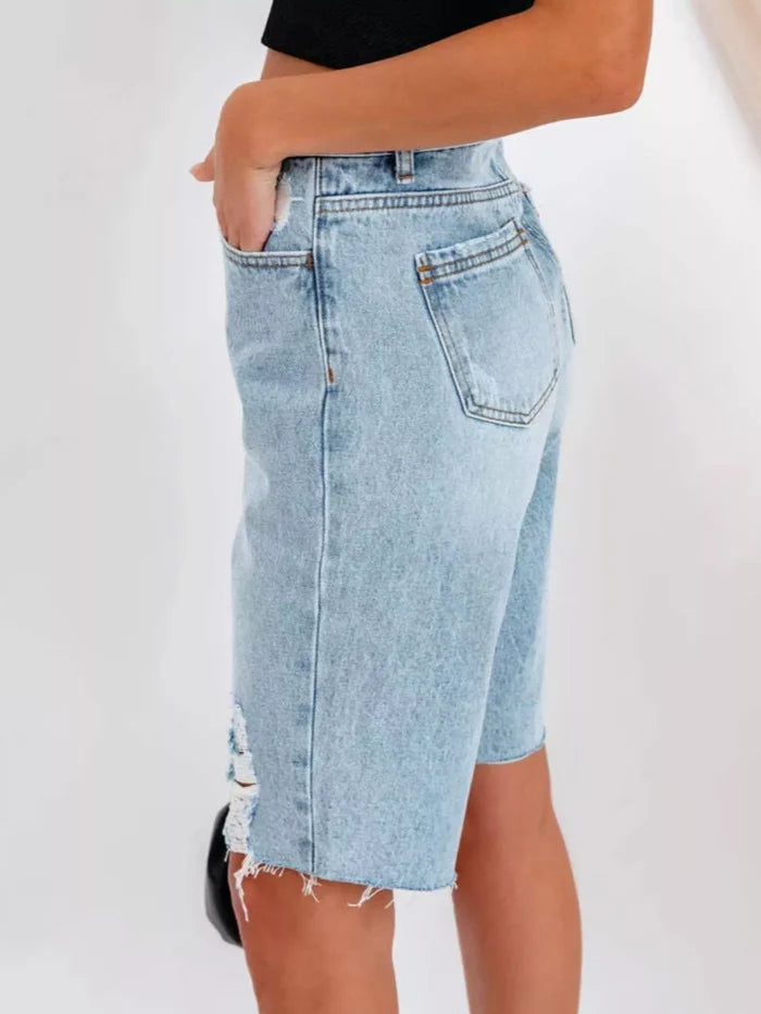 women's distressed denim shorts catalog image 3 showing blue washed denim finish with clear catalog detail for a closer look.