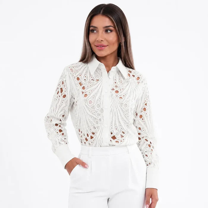 Women's white lace hollow-out long sleeve shirt styled with white trousers on a female model for polished office wear online.