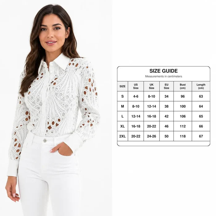 Women's white lace hollow-out long sleeve shirt next to a size guide for S to 2XL with US, UK, EU, bust and length in detail.
