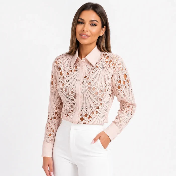 Women's pink lace hollow-out long sleeve shirt worn with white trousers on a female model for smart workwear styling at work.