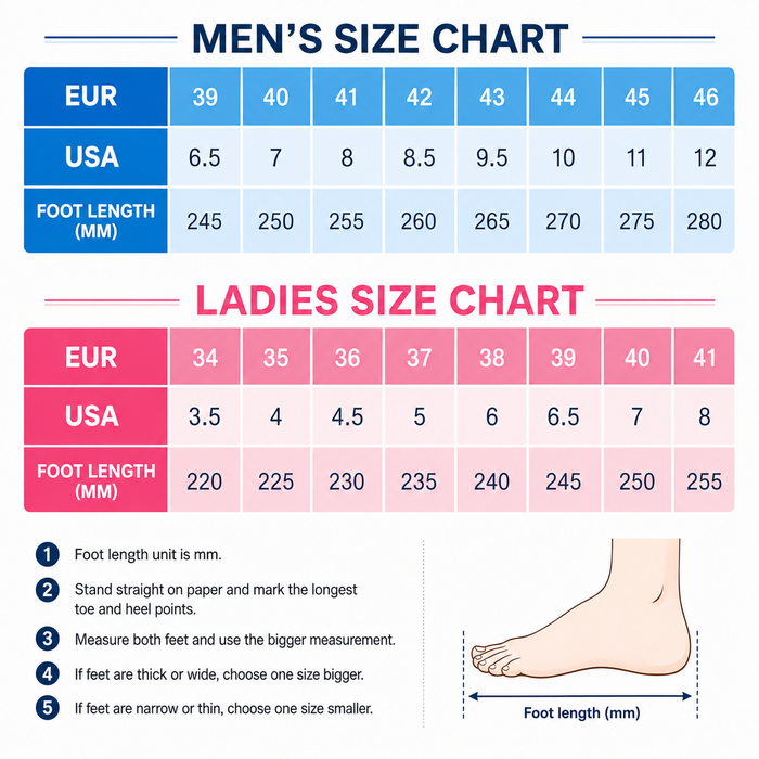 Women's and men's running shoe size chart with EUR, USA and foot length measurements.