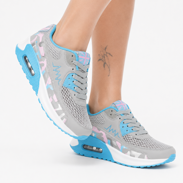 Women's running shoes gray and blue variant close-up showing mesh upper and sole details.