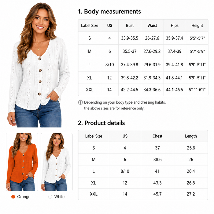 Women's long sleeve blouse size chart with body measurements, product measurements and Orange and White variant examples.