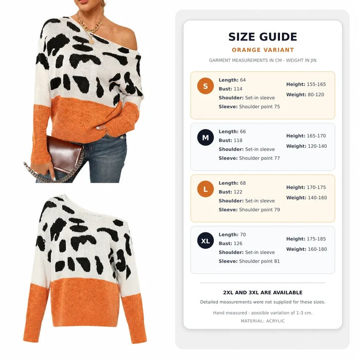 Women's Orange one shoulder leopard print sweater size guide for S to XL with available 2XL and 3XL options.