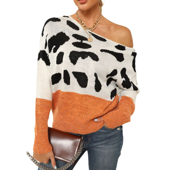 Women's off shoulder leopard print acrylic sweater with long sleeves, product image 1 for comparison in a clear product view.