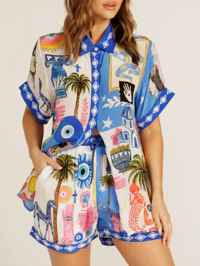 Women's shirt and shorts set with a printed button-down shirt and matching shorts, with pocket detail, for product reference.