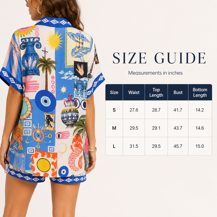 Women's shirt and shorts set size guide with measurements in inches, with listed color options, showing the two-piece design.