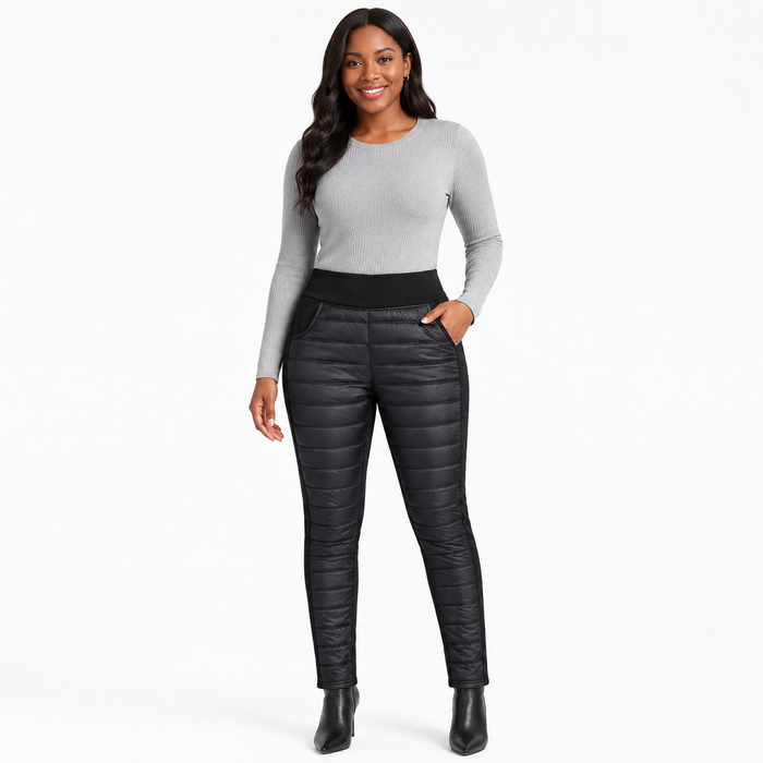 Women's quilted pants in black front view showing high waist styling, quilted panels, side sections and tapered trouser legs.